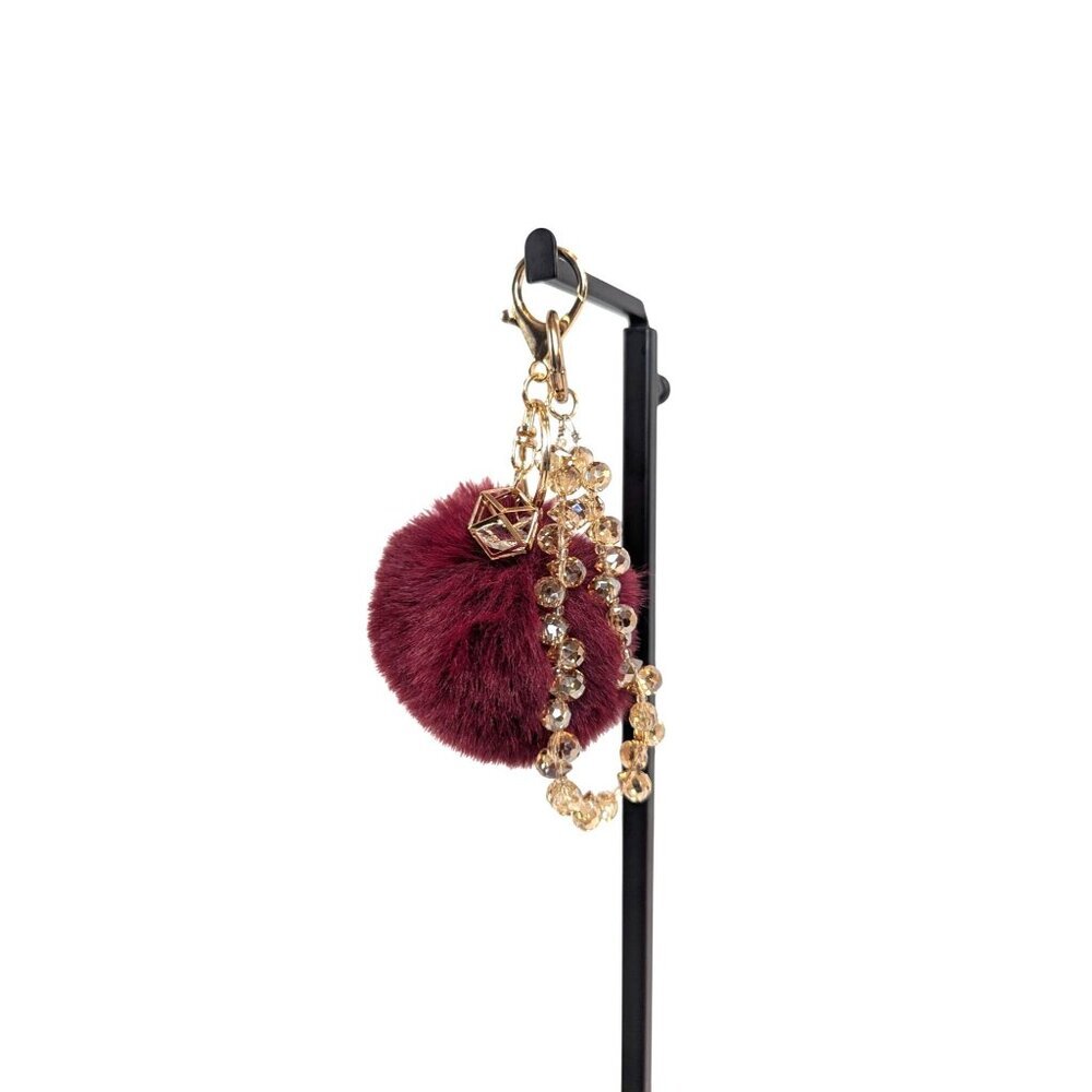 Purse charm keychain pompom maroon merlot sparkly beaded wrist strap custom NEW